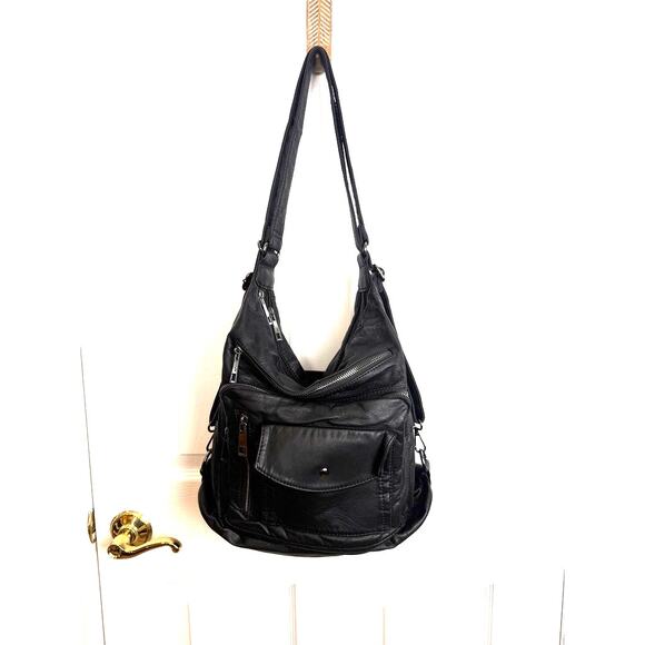 Unbranded Black Faux Leather Convertible Backpack Hobo Bag Multi-Pocket - Picture 2 of 14